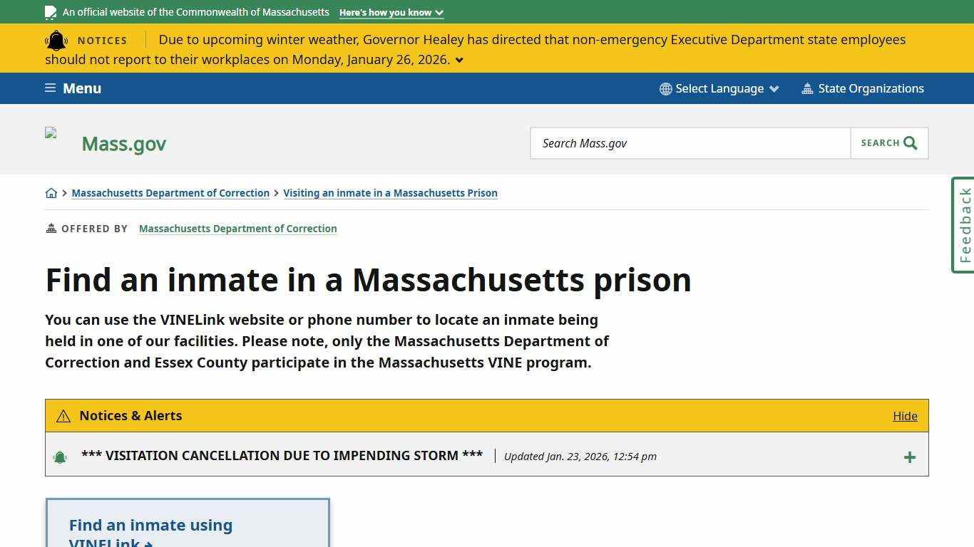 Find an inmate in a Massachusetts prison Mass.gov